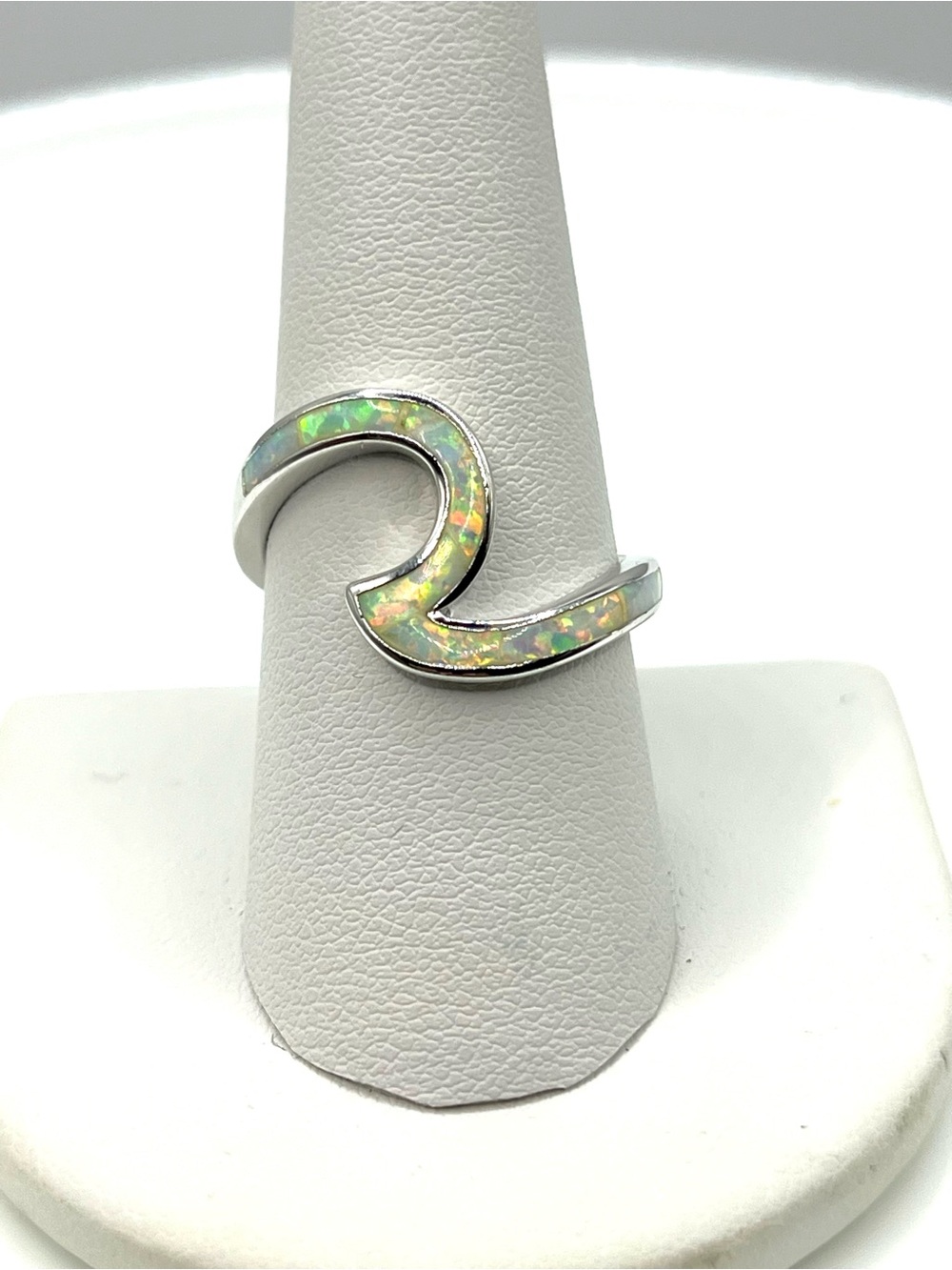 White Opal Inlay Sparkling Wave Ring Sterling Silver 925 size 9